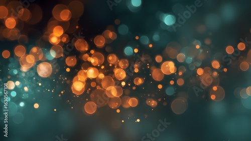 Blurred modern bokeh lights background in teal and orange tones