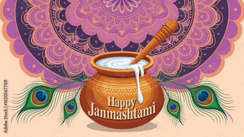 Decorative Janmashtami illustration with clay pot of dahi, peacock feathers, and colorful mandala celebrating birth of Lord Krishna