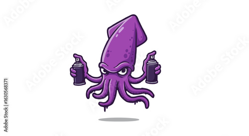 Illustration of a purple cartoon squid holding two spray paint cans with an angry expression on its face