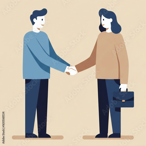 Flat vector illustration of a businessman shaking hands with a businesswoman with handbags