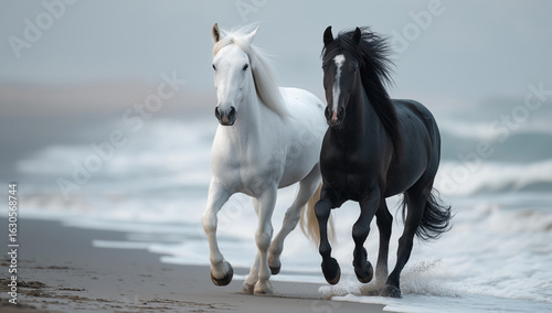 Two brown horses running on the beach, in the style of a commercial advertisement, high-resolution video footage.