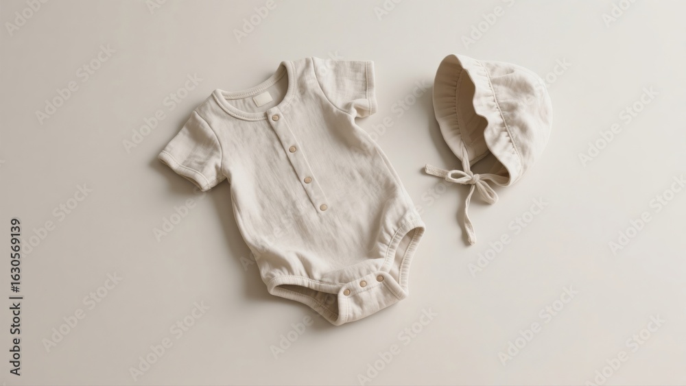 Obraz premium A short-sleeved romper and a matching bonnet for a baby, made from natural off-white cotton, are laid out simply on a matching background, conveying purity, gentleness, and simplicity.