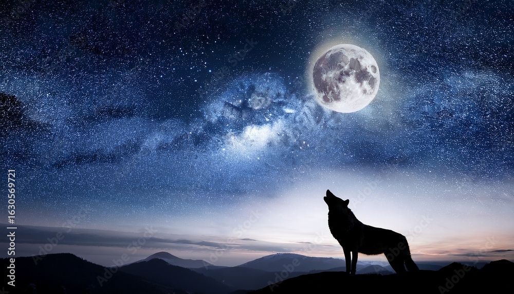 Obraz premium night sky with wolf and moon