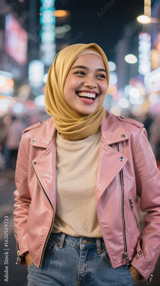 Fototapeta premium Malay Muslim women in hijab pose for street photography in the city