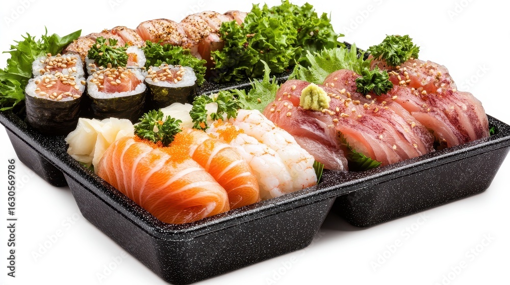 Fresh Sushi Platter with Assorted Sashimi, Rolls, and Garnish Fresh Sushi Platter with Assorted Sashimi, Rolls, and Garnish