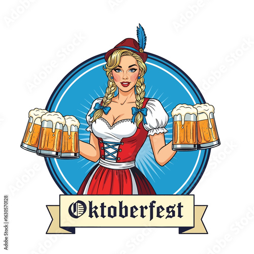A logo of cheerful woman in a Dirndl dress and hat holds four frothy beer steins to celebrate the Oktoberfest Beer Festival