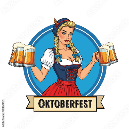 A logo of cheerful woman in a Dirndl dress and hat holds four frothy beer steins to celebrate the Oktoberfest Beer Festival