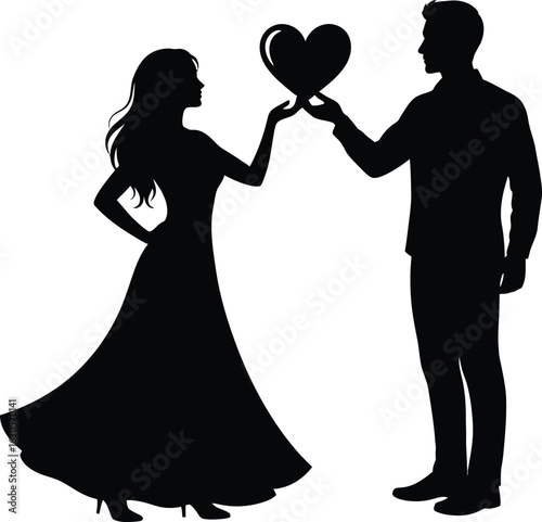 Couple holding a heart shape, man and woman in elegant attire, isolated on white background