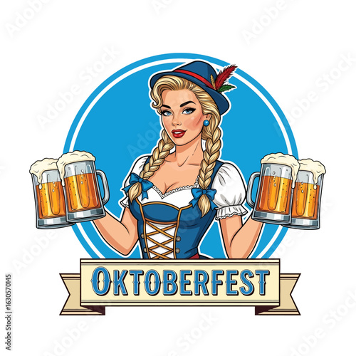 A logo of cheerful woman in a Dirndl dress and hat holds four frothy beer steins to celebrate the Oktoberfest Beer Festival