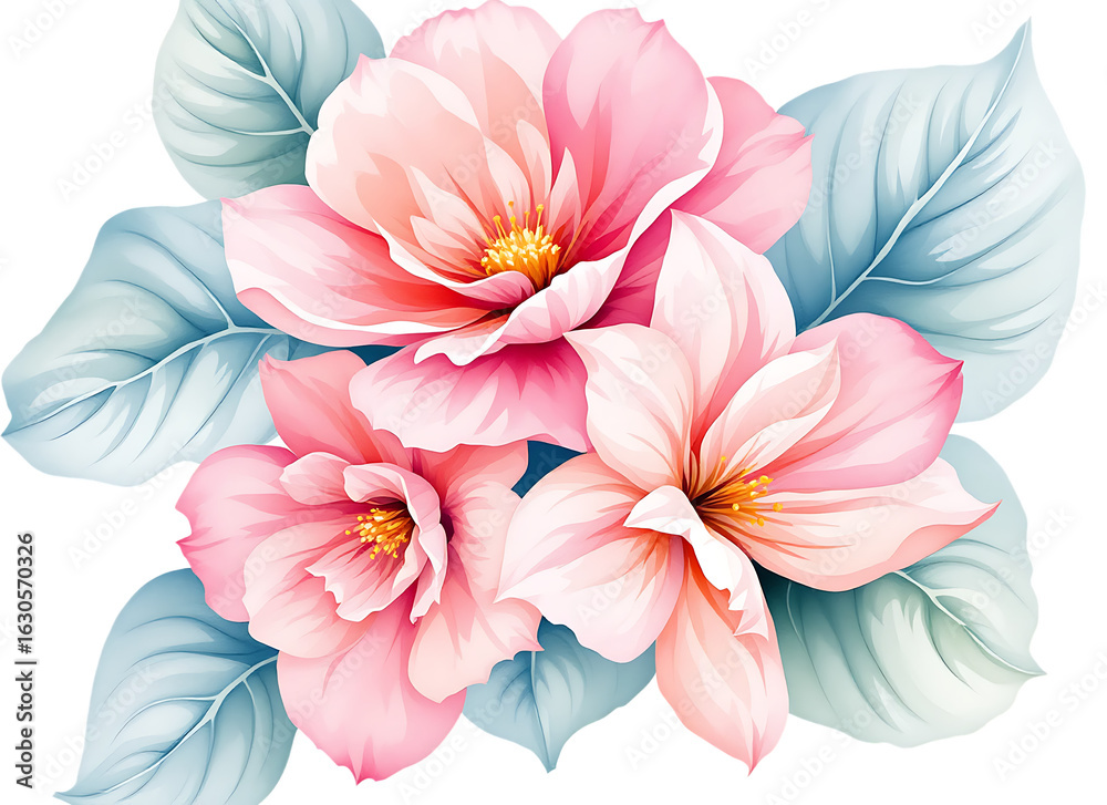 Fototapeta premium Watercolor pink floral arrangement with blue leaves, isolated on a transparent background.