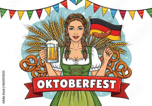 A vibrant illustration of a beautiful woman in a traditional Dirndl, raising a beer mug to celebrate the Oktoberfest Beer Festival