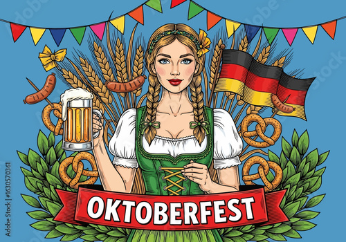 A vibrant illustration of a beautiful woman in a traditional Dirndl, raising a beer mug to celebrate the Oktoberfest Beer Festival