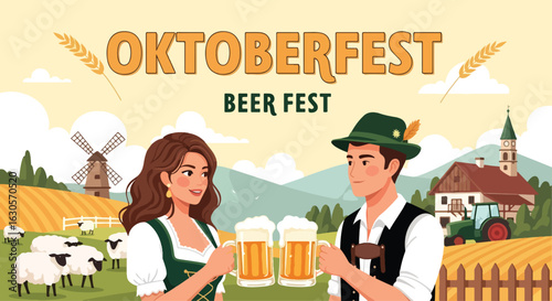 Happy man and woman toasting with beer mugs in traditional dress, celebrating the Oktoberfest Beer Festival in a rural setting