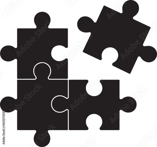Four black puzzle pieces arranged with one piece separate in a silhouette style