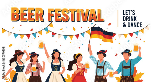 Adobe Illustrator Artwork A lively group of people celebrating at the Oktoberfest Beer Festival, drinking beer and dancing under a German flag
