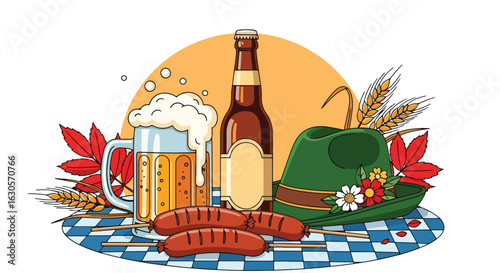 Adobe Illustrator Artwork A classic Oktoberfest feast illustration with a beer stein, bottle, sausages, a Bavarian hat, and wheat on a checkered tablecloth