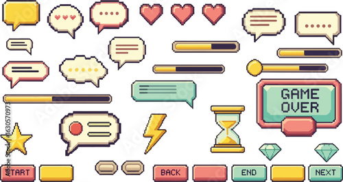 Retro Pixel Art Game UI:  Speech Bubbles, Hearts, Progress Bars, and Buttons