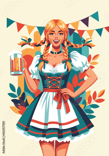 Adobe Illustrator Artwork Happy Oktoberfest! Woman in traditional Dirndl dress holding a large beer mug at the festive beer festival