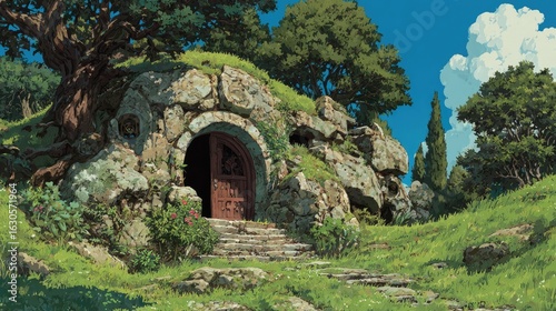 Anime background Supernatural realm gatehouse mystical creatures guard entrances vigilantly portals leading elsewhere