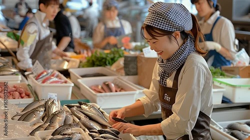 Lively Scene at Traditional Fish Market in Japan. Generative AI