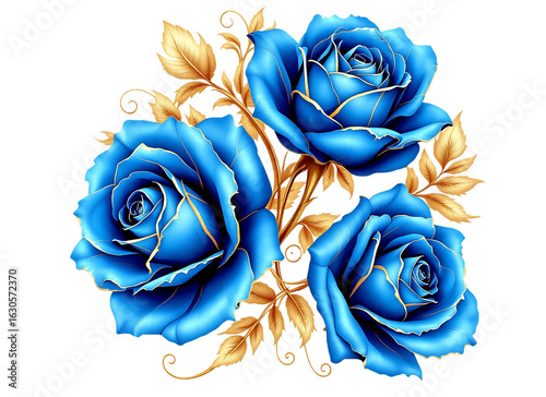 Elegant bouquet of three vibrant blue roses with gold outlines and golden leaves Isolated on transparent background