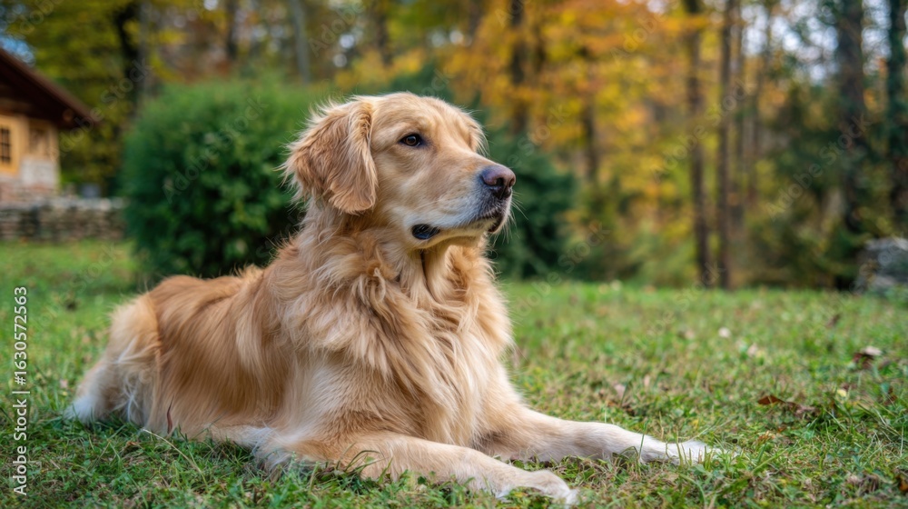 Obraz premium A golden retriever lies peacefully on the grass, enjoying the fall scenery. Colorful leaves surround the area, bringing warmth and tranquility to the moment.