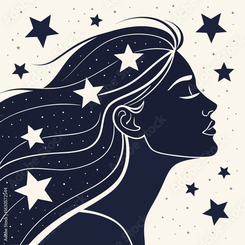 Stargazer Silhouette: A mesmerizing silhouette of a woman gazes toward the night sky, her hair adorned with stars, evoking a sense of wonder and celestial beauty.