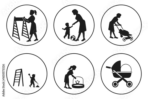 Diverse Family Activities and Household Chores Icons.