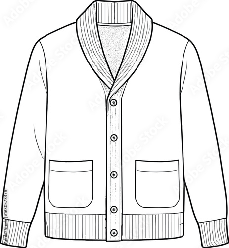 CAD drawing flat vector illustration of shawl-collar cardigan with buttons, pockets, ribbed cuffs and hem, stylish fashion apparel sketch