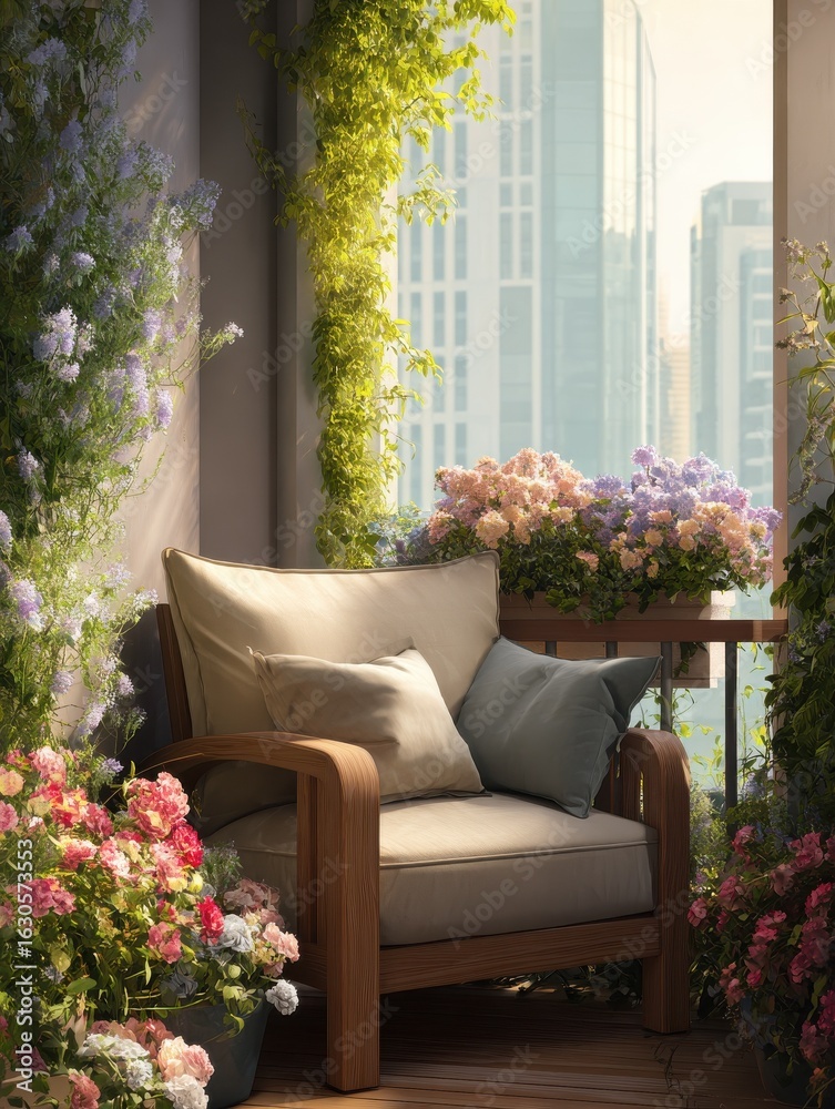 Fototapeta premium blooming garden on the balcony of an apartment building in the city cozy atmosphere with armchair and cushions soft sunlight of a summer day