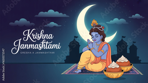 Krishna Janmashtami illustration with Lord Krishna in prayer pose on mat, crescent moon, temple silhouettes, and sweet offerings at night