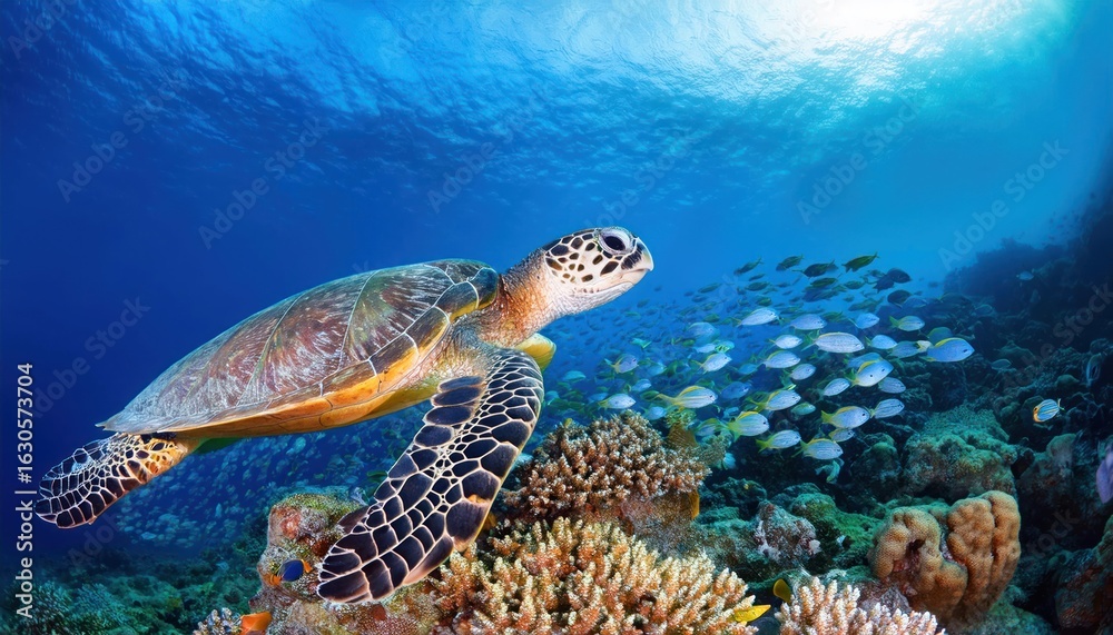 Obraz premium Hawksbill Sea Turtle with Fish School and Vibrant Coral Reef