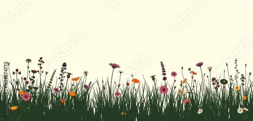 Seamless vector pattern of horizontal grass border with wild meadow herbs and flowers silhouettes,  plant,  summer