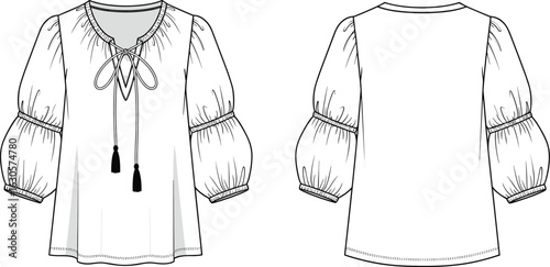 Vector fashion CAD sketch of women's blouse with tassel tie neckline, puff sleeves, gathered cuffs, and loose curved hemline