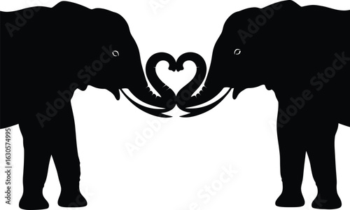 Two elephants making heart shape with trunks silhouette love symbol