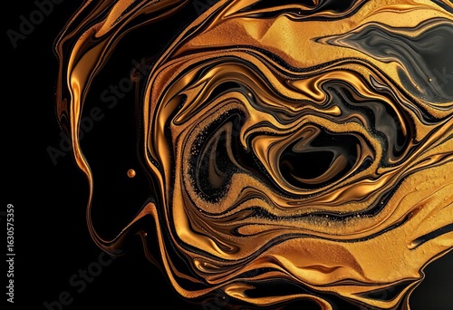 Swirling bronze liquid with gold glitter, abstract art on black, reflect, magical