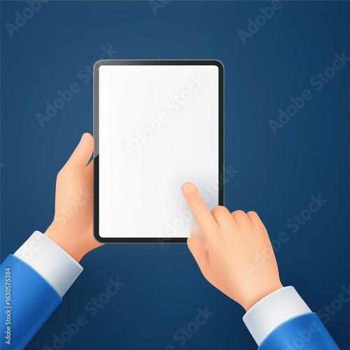 Realistic 3D Illustration of Hand Touching iPad Screen – Tablet PC Mockup