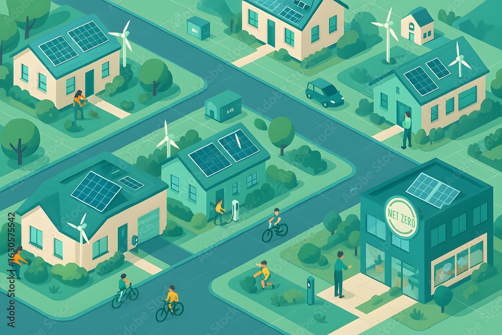 Obraz premium Eco-friendly suburban neighborhood with solar panels, wind turbines, and cycling residents in a green-themed isometric vector style illustration.