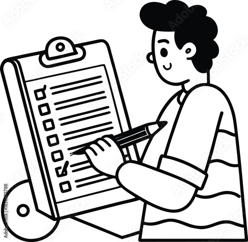Young person checking off items on a checklist with a pencil line art vector illustration eps