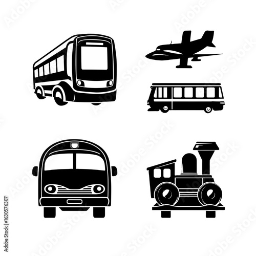 Collection of black transportation vehicles isolated on a white background.