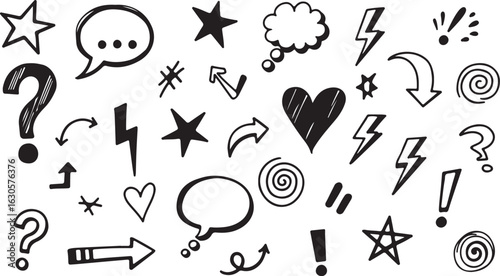 Hand-drawn Doodle Icons: Arrows, Stars, Speech Bubbles, and Exclamation Marks; Quirky, Playful Style.