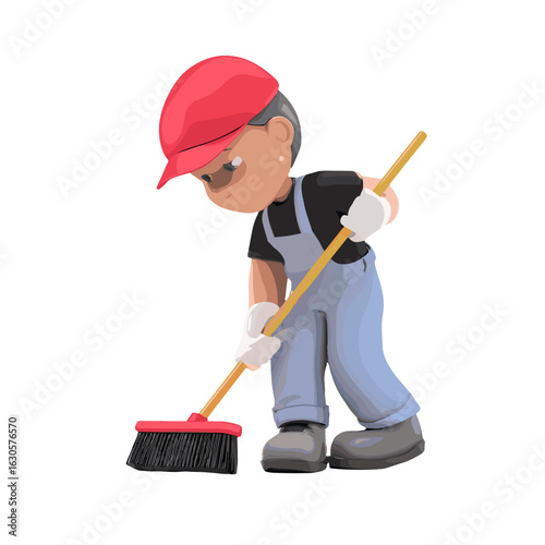 A diligent worker sweeping with a broom.