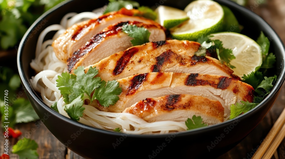 Grilled Chicken with Noodles and Fresh Lime in a Bowl Grilled Chicken with Noodles and Fresh Lime in a Bowl