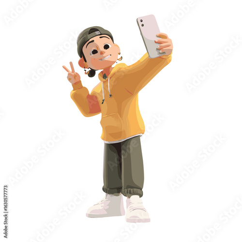 Selfie Time! A cheerful person takes a selfie with a phone while flashing the peace sign.
