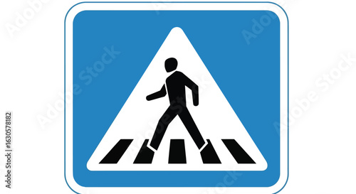 Vector illustration of a pedestrian crossing traffic sign with a person walking on a zebra crossing, set against a blue and white background, indicating a safe passage area