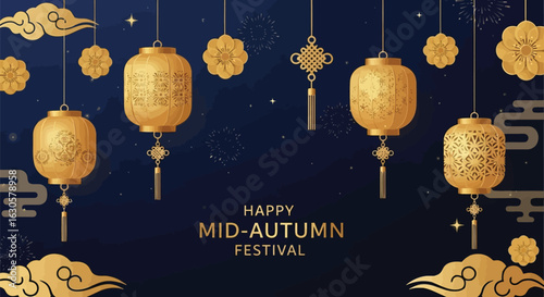 Vector illustration of happy midautumn festival greeting with ornate golden lanterns hanging against a dark blue patterned background with clouds