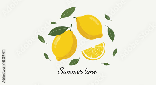 Vector illustration of fresh lemons and a slice with green leaves arranged in a circle with the text summer time