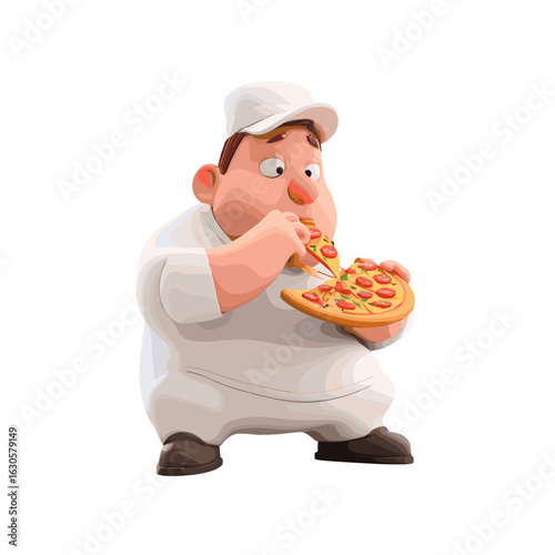 A cartoon chef enjoying a slice of delicious pizza.
