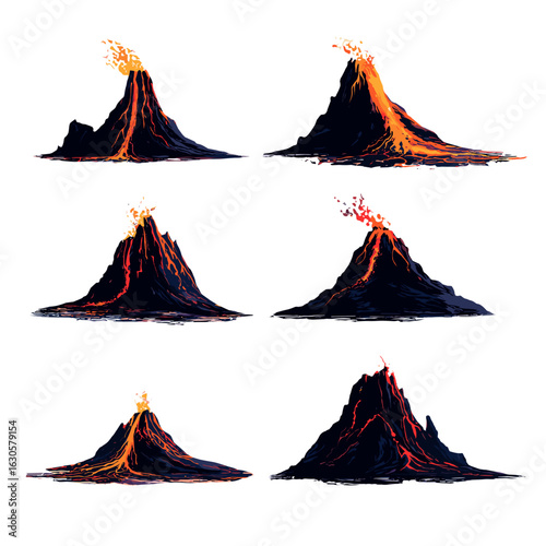 Six illustrations of volcanoes erupting with lava, showcasing their natural power.
