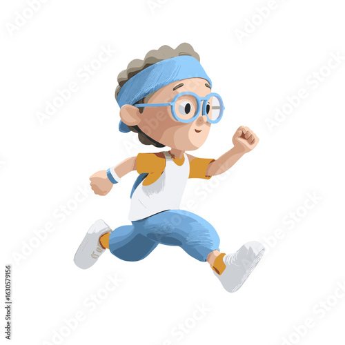 A determined child joyfully running with a blue headband.